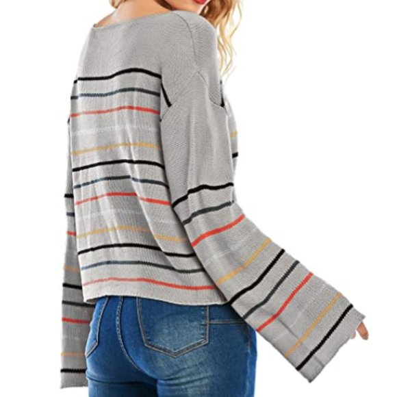 NWT Striped Knit Bell Sleeve Slouchy Sweater Top - Picture 4 of 6